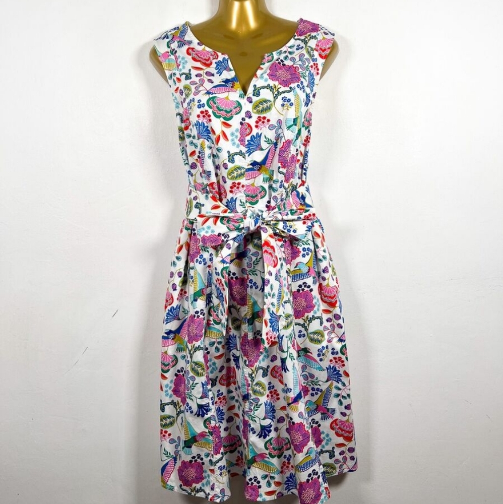 Boden Sleeveless Fit & Flare Colorful Bird Print Dress